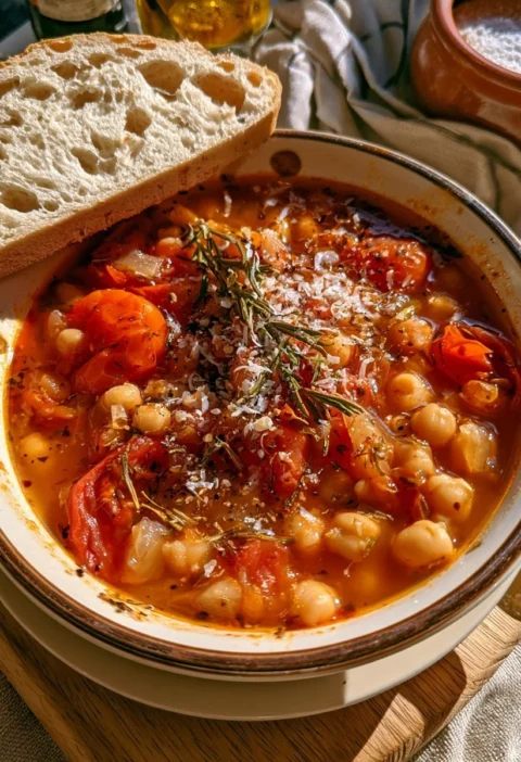 Zuppa rustica di ceci, rosmarino e pomodoro servita in una ciotola