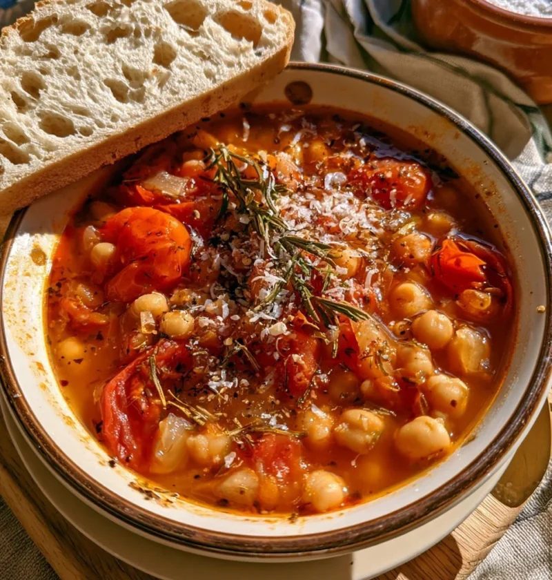 Zuppa rustica di ceci, rosmarino e pomodoro servita in una ciotola